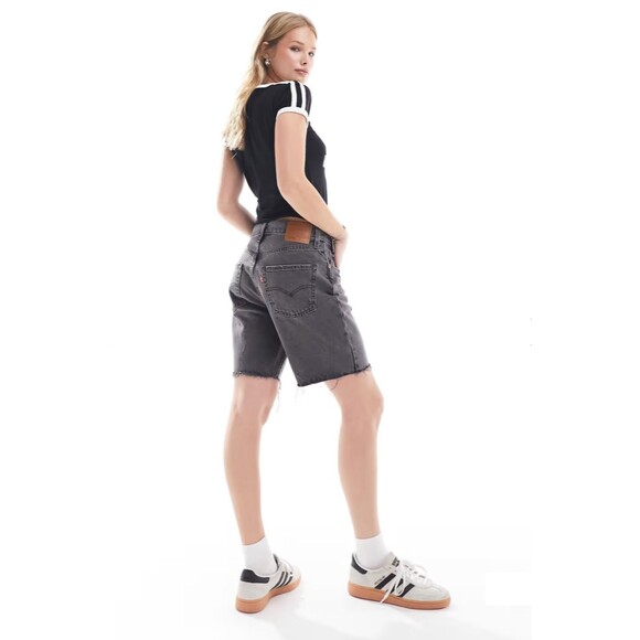 Levis Premium Womens 501 90s Denim Jean Shorts Mid Thigh Rise Long Black Gray - Picture 2 of 16